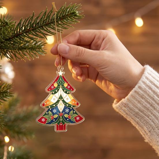 Customizable Style Hanging Ornament 2D Flat Acrylic Christmas Tree Ornament, Vintage Stained Lightweight Pendant with Lanyard Glass Pendant,