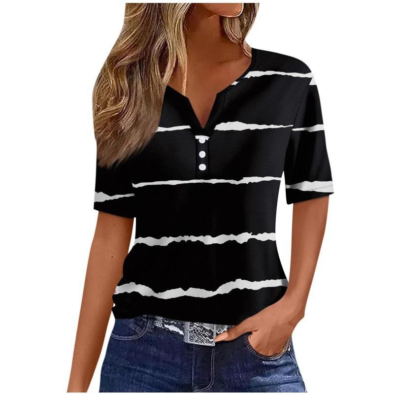Print Short Sleeve European Style Women Clothing T-Shirt V-Neck