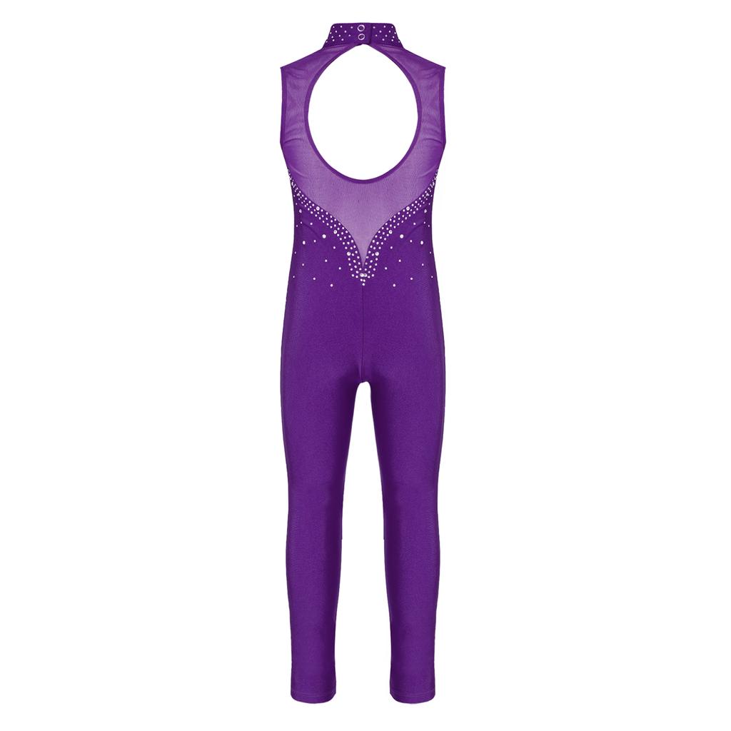 Kids Girls Sleeveless Round Neckline Rhinestone Dance Gymnastic Dance Leotards Figure Ice Skating Jumpsuit Unitard