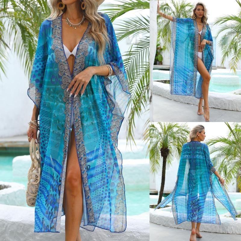 Büyük Beden Kadın Yaz Plaj Vintage Baskılı Uzun Bikini File Smock