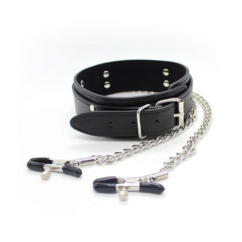 SM Adult Nipple Clamps Leather Choker with Chain - Kinky Erotic Necklace for Couples