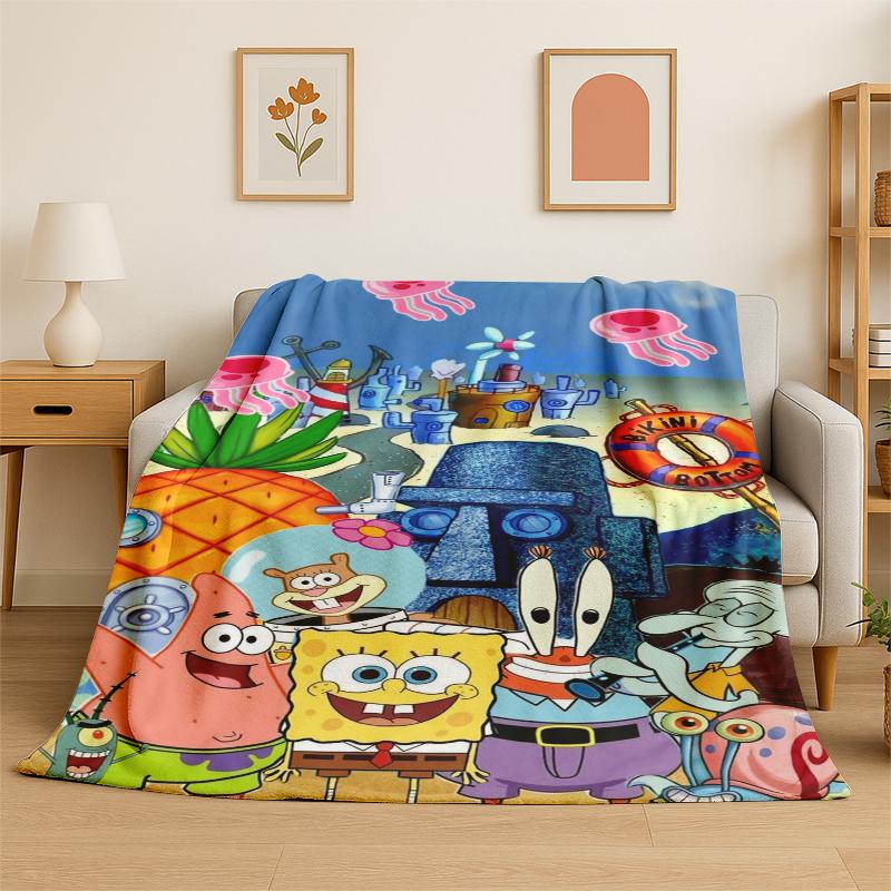 Cartoon S-SpongeBob Patrick Star Flannel Blanket Soft Warm Throw Blanket for Bedroom Living Room Bed Travel Camping Picnic Kid