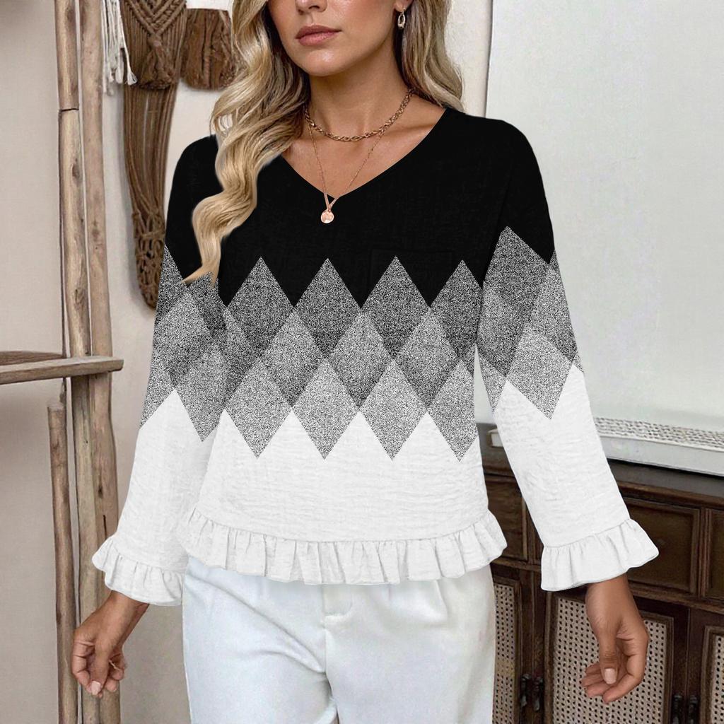 Dámský ležérní módní top s volánky, výstřihem do V, potiskem a dlouhým rukávem