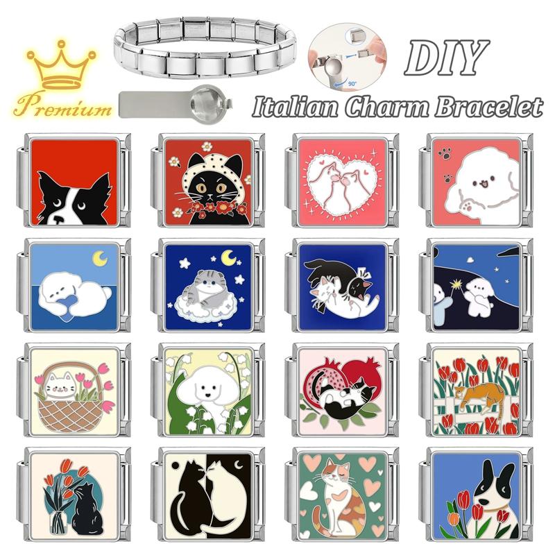 2026 Fashion Dreamy Flowers Cute Cats Dogs Moon Heart High Quality Charm Fit 9mm Stainless Steel Women Bracelet DIY Jewelry Gift