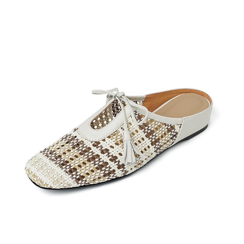 Fashion 2025 Outside NEW Summer Women Mules Women Slippers Concise Cover Toe Slingback Round Toe Low Heel Weave Modern Sandals