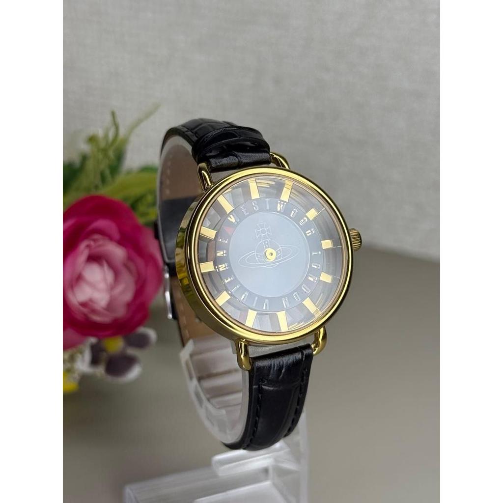 Used Rare Excellent Condition  Vivienne Westwood Watch Quartz Orb Dial Leather Band Black Gold