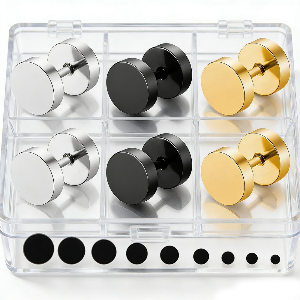 One Pair Black Stainless Steel Round Stud Earrings For Women Dumbbell Piercing Earrings Men Punk Fashion Zircon 2-14mm