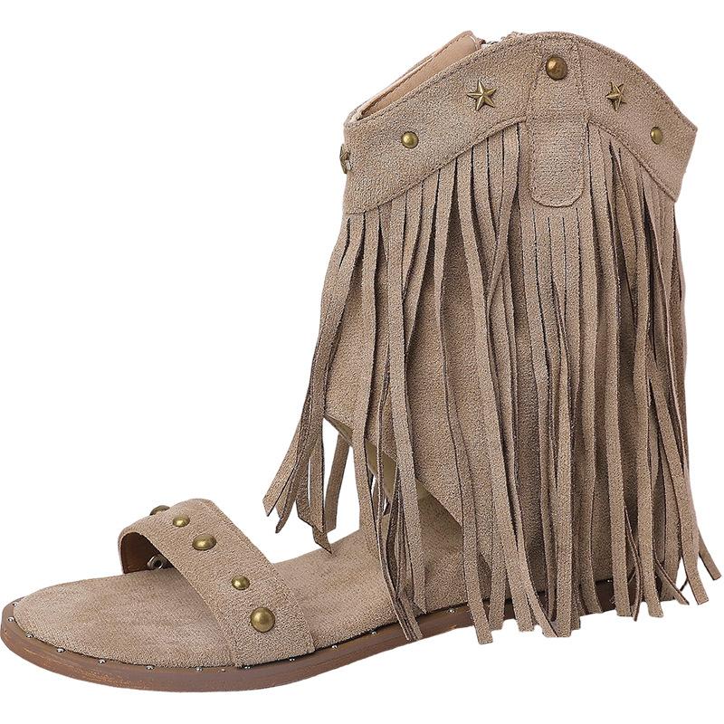 Fashion retro rivet fringed open-toed sandals women's summer new niche design versatile Roman cool boots tide