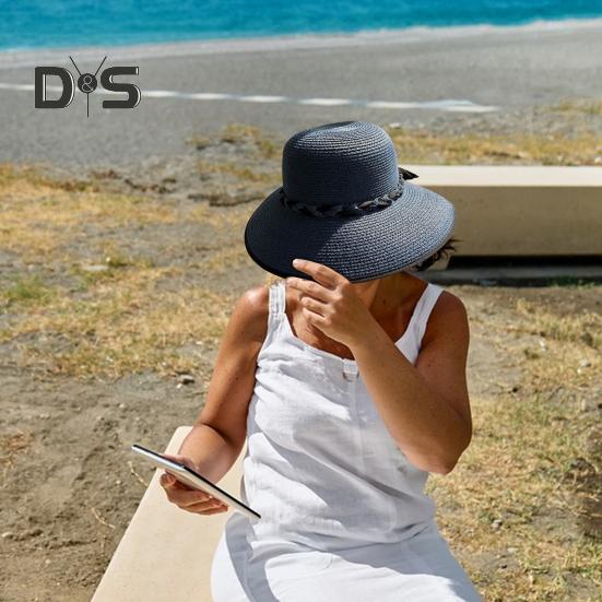 Sommer-Sonnenhut mit breiter Krempe, geflochtenem Seildekor, Strandhut, UV-Schutz, größenverstellbar, Schweißbänder, Damen-Strohhut