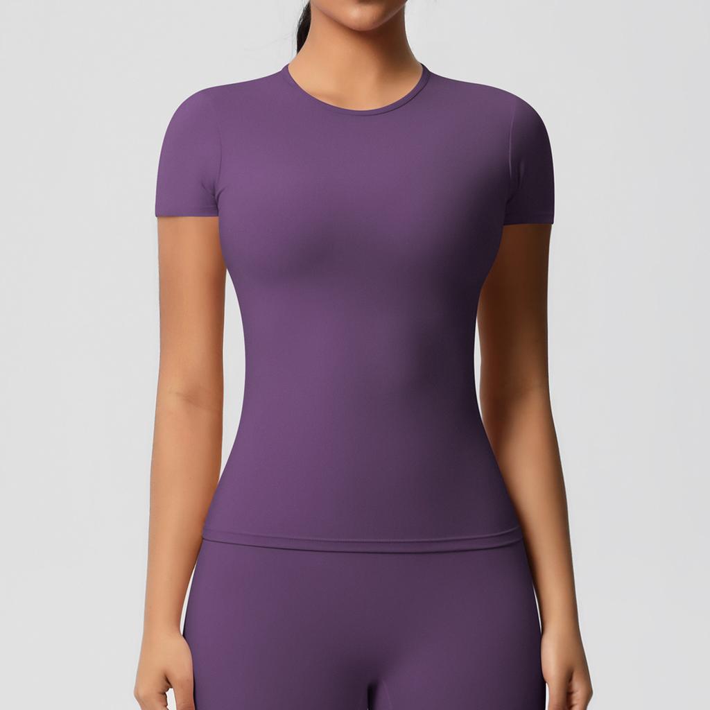 Solid color double-sided abraded tight sports short-sleeved T-shirt sports running fitness yoga clothes top women