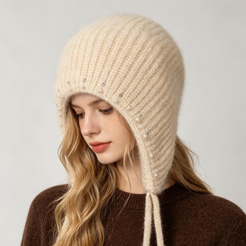 Autumn and winter new women's rabbit fur hat pearl hemming thickened knitted hat cold neck protection women's hat