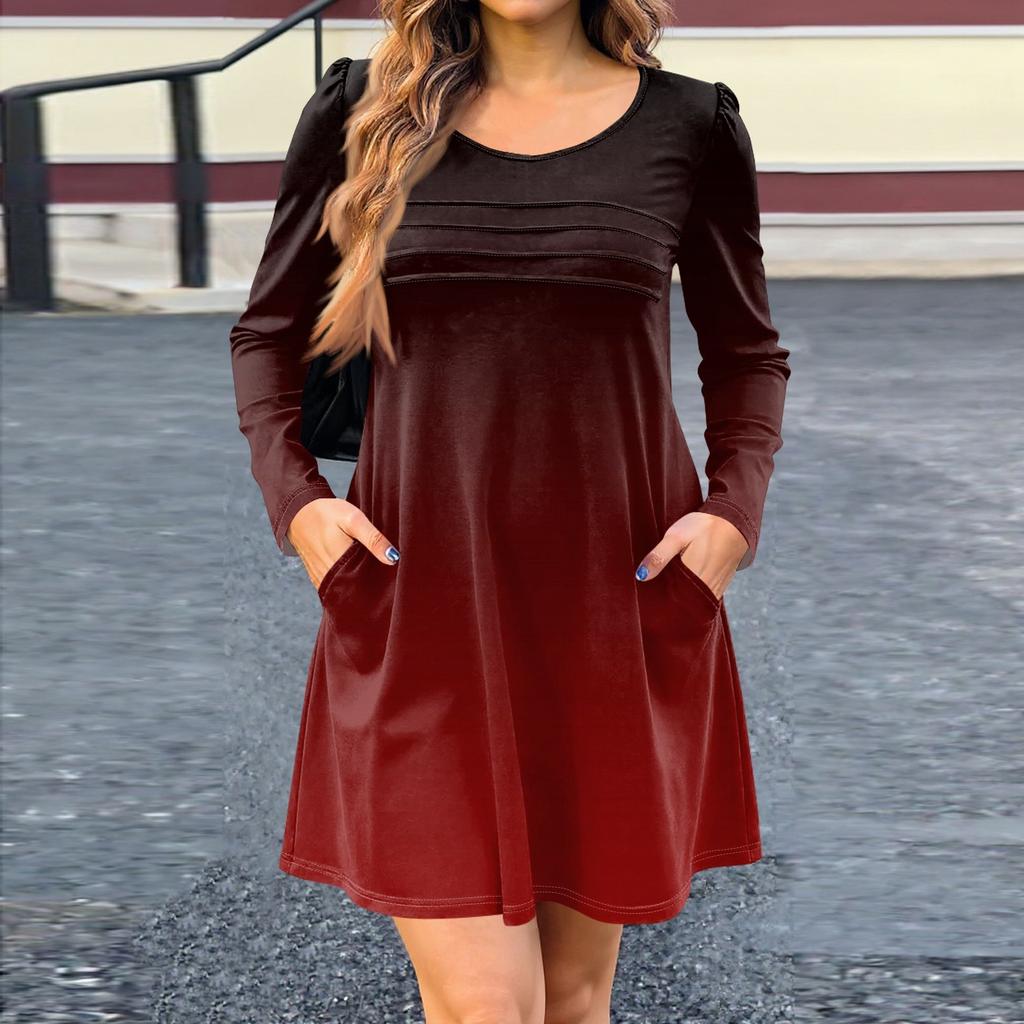 Women's Long Sleeve Dress Fall Casual T Shirt Loose Fit Pleated Front Dresses With Pockets