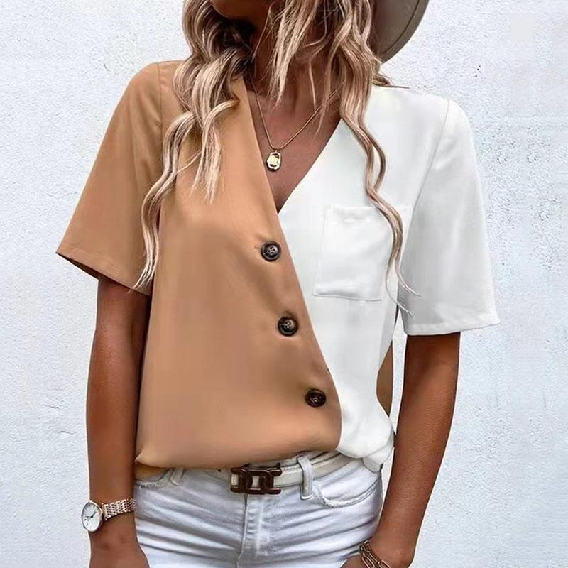 

Модные повседневные пуловеры с короткими рукавами и V-образным вырезом на пуговицах, футболка, топ S хаки