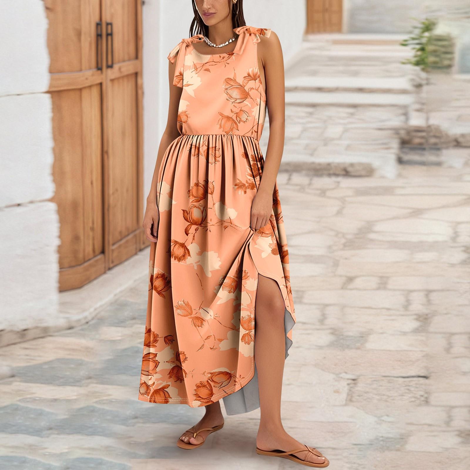 

Женское летнее модное платье-майка А-силуэта без рукавов повседневное платье с цветочным принтом/однотонными карманами M оранжевый