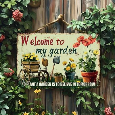 Vintage Metal Wall Art Welcome To My Garden Sign, Rustic Floral Tool Patio Decor Quote, 7.8x11.8 Inch