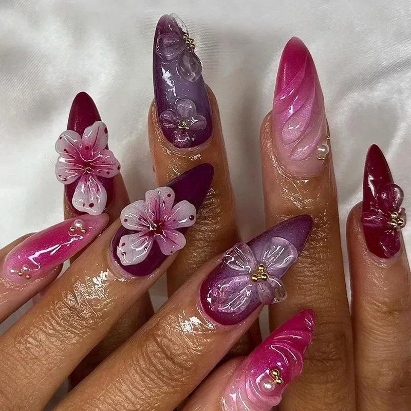 24Pcs Pink Almond False Nails Butterfly Ballet with French Design Wearable Fake Nails Simple Artificial Press On Nails Tips Art