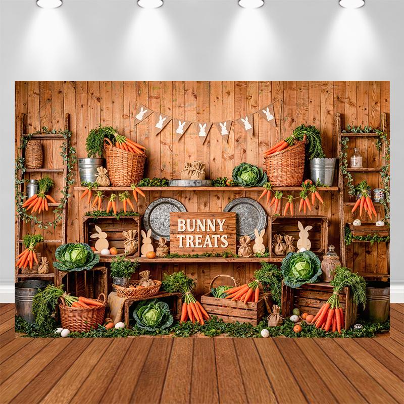 LS Photography Background Spring Easter Carrot Cute Bunny Green Plants Wooden Wall Kids Family Portrait Backdrop Decor