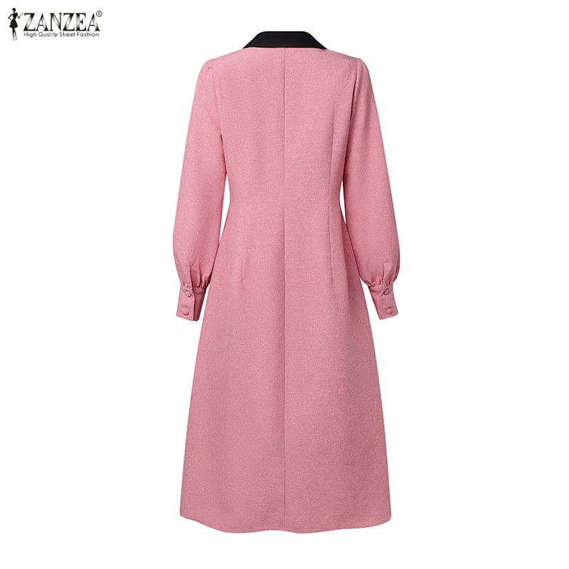 ZANZEA Women Splice Lapel Collar Casual Long Sleeve Elegant Dress