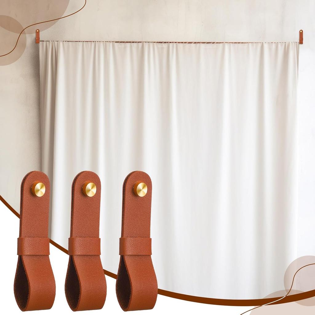 6 Pcs Leather Curtain Rod Holders PU Leather Curtain Rod Bracket Mounted Loop Straps with Screws and Plastic Wall Plugs, Boho Pole Hanger Hook for