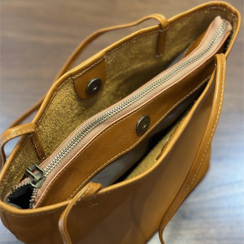 Johnature Retro Genuine Leather Tote Bag Versatile Commuting Solid Color Soft Leather Women's Shoulder Bag