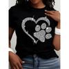 European Size Womens Heart Dog Paw Print T Shirt Casual Short Sleeve Crew Neck Stylish All Season Top