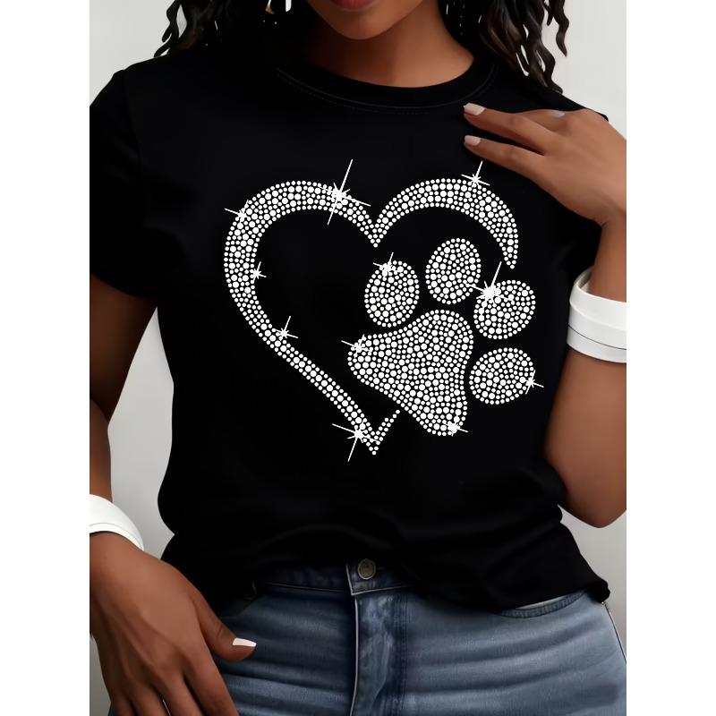 European Size Womens Heart Dog Paw Print T Shirt Casual Short Sleeve Crew Neck Stylish All Season Top