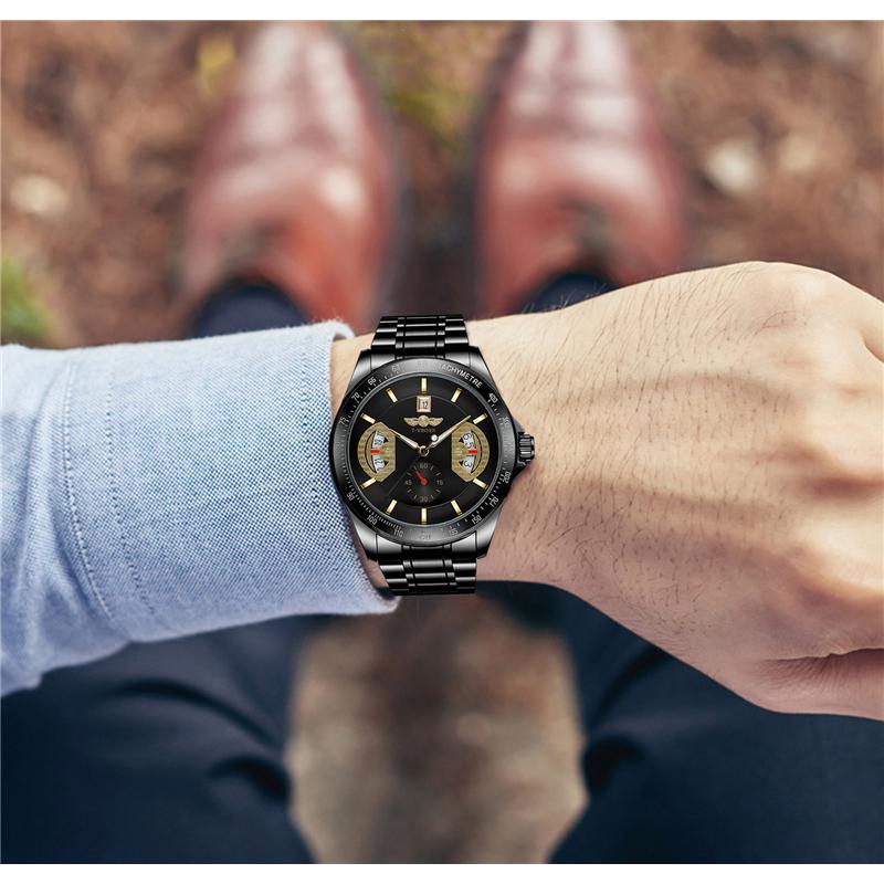 WINNER Sports Gold Automatic Watch for Men Date Display Luminous Hands Stainless Steel Strap Top Brand Luxury Mechanical Watches