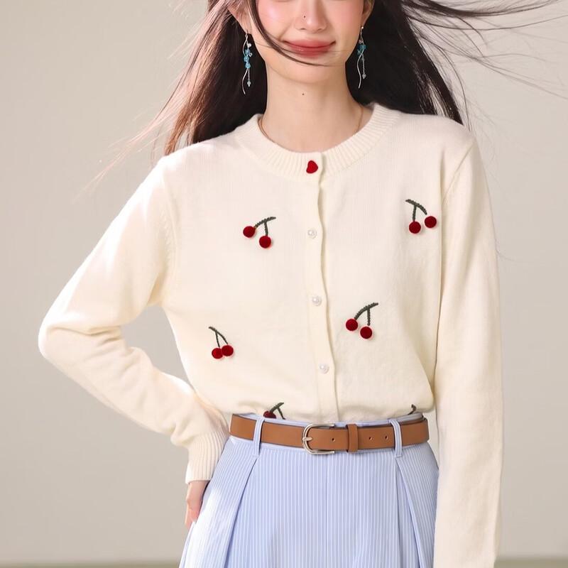 La Chapelle Women's Cherry Embroidery Knit Cardigan
