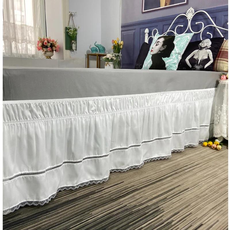 White Elegant Embroidery Craft Wrap Around Crochet Ruffles Lace Bed Skirt with Adjustable Belts-Room Decor-15 Inch High