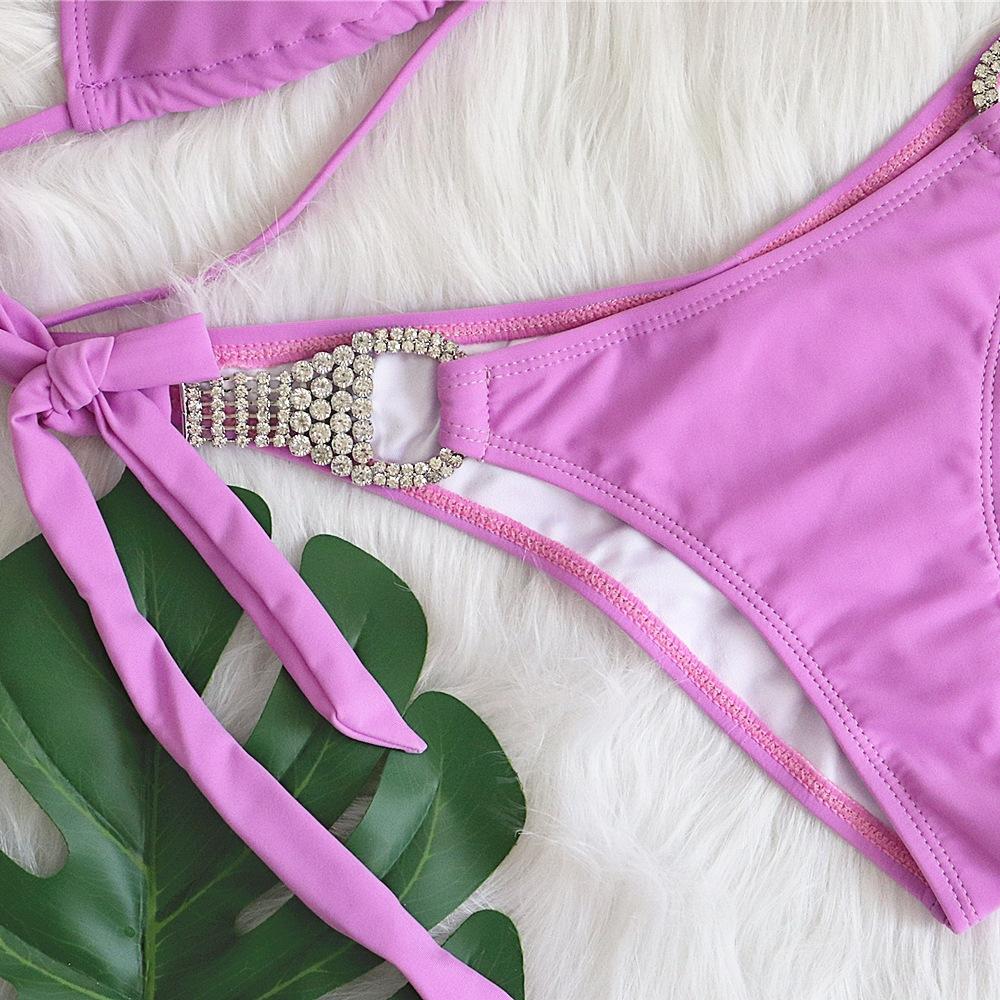 Maillot de bain bikini sexy à bretelles de couleur unie pour la plage, maillot de bain en strass