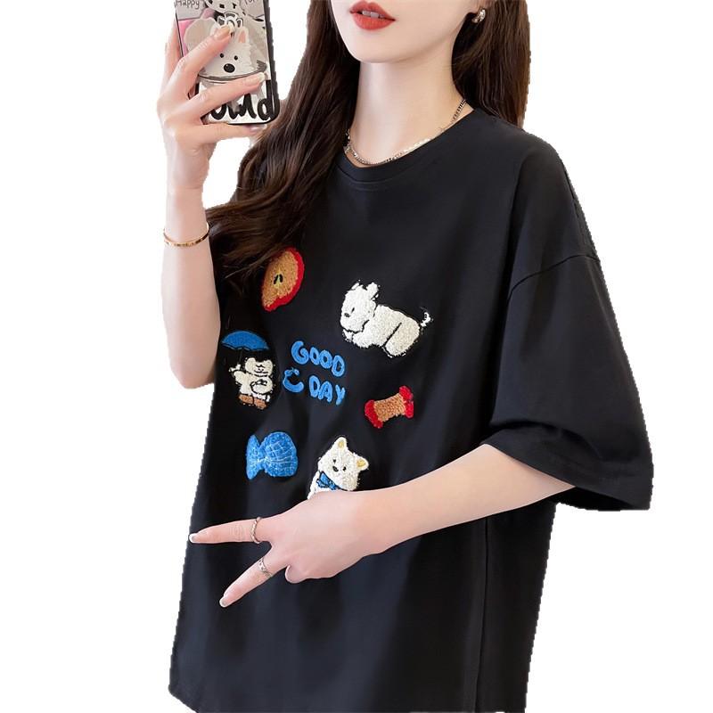 Large size women's clothing, foreign style, summer fashion embroidery, loose cartoon t-shirt, short-sleeved women's