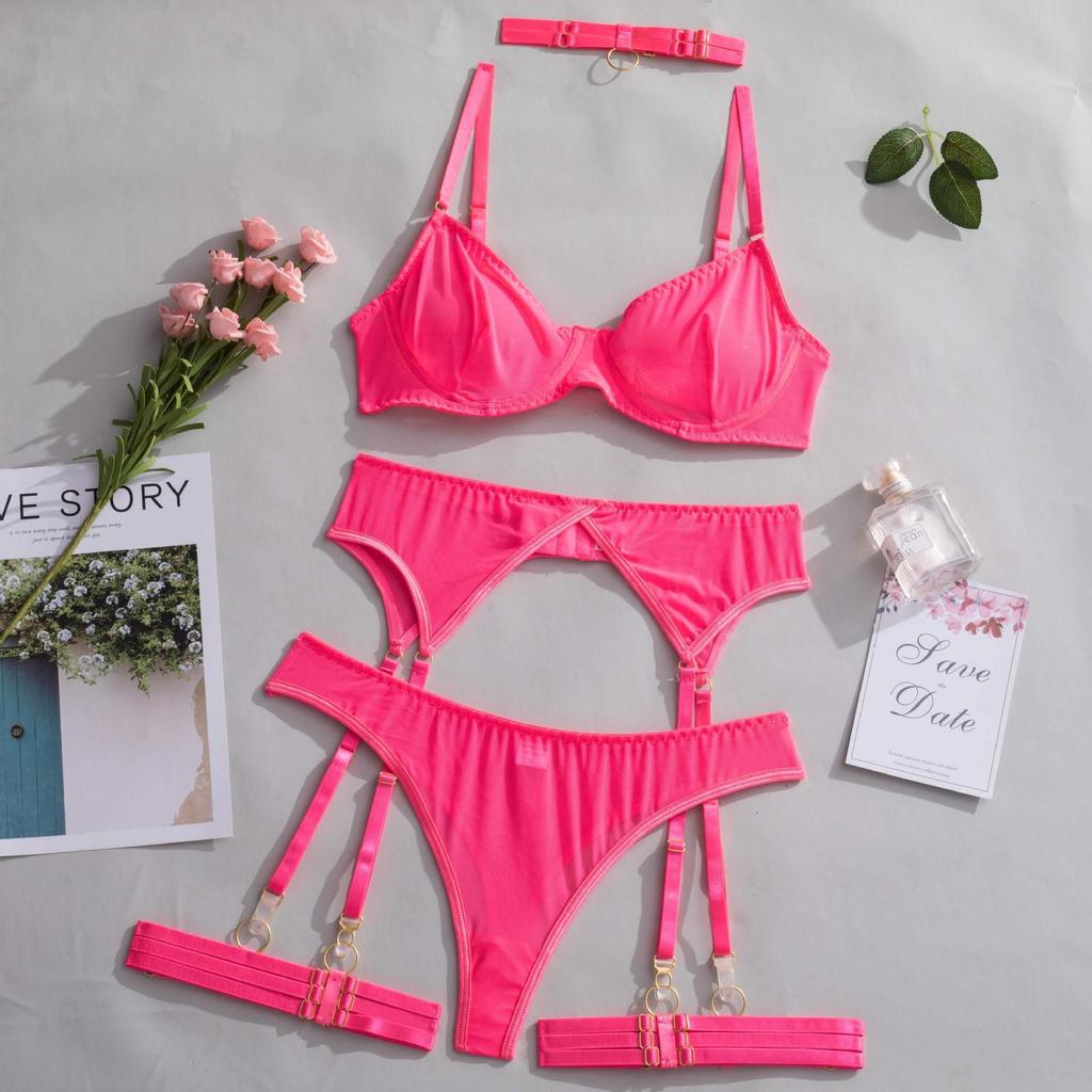 Sexy erotic underwear solid color ultra-thin mesh yarn perspective temptation big chest small thong five-piece set