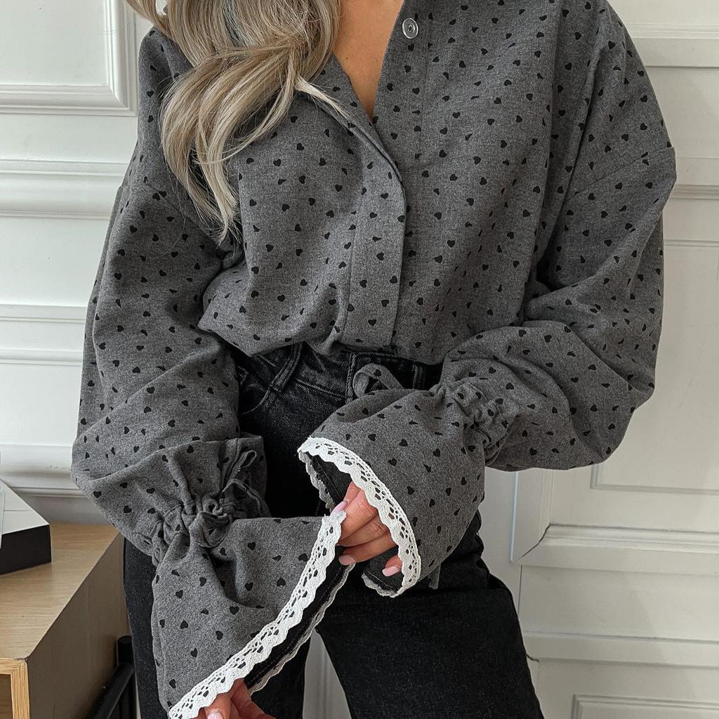 Spring and Autumn Hot Design Loose Polka Dot Cuff Lace Shirt Women's Sweet Turn-down Collar Long Sleeve Blouse