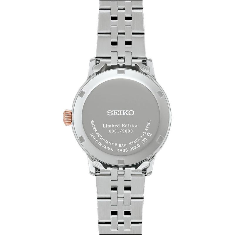 SEIKO Presage series 50 meters waterproof automatic/manual mechanical movement Steel Strap 34mm women's watch pink dial SRPM06