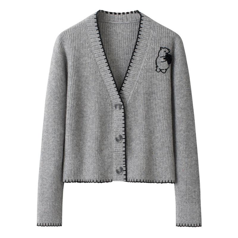 

European & American Style Grey Hand-Stitched Cashmere Cardigan Sweater Coat L/100