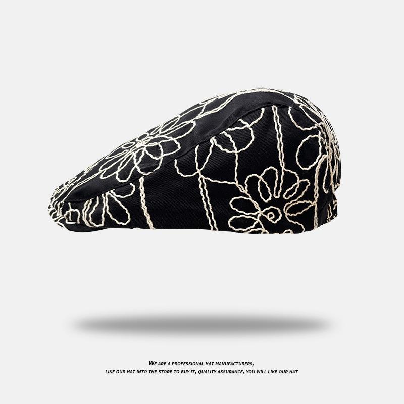 Embroidery Flower Beret Hats Spring Autumn Female Trendy Camellia Painter Caps Woman Vintage Beret Sun Hat Flat Cap Y2k 2024