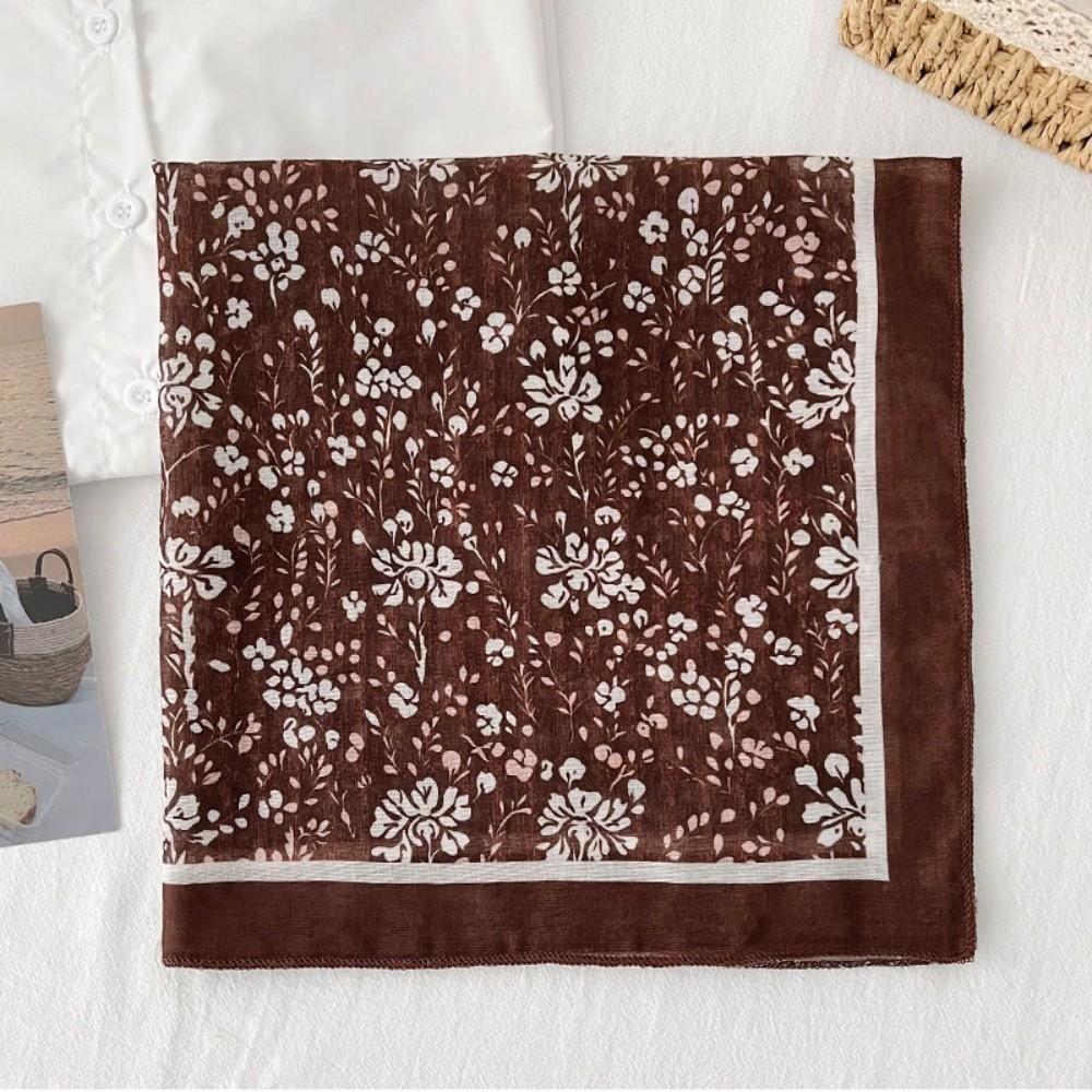 Pastoral Style Printed Silk Scarf Square Floral Kerchief Headband Cotton Linen Square Scarf  Women