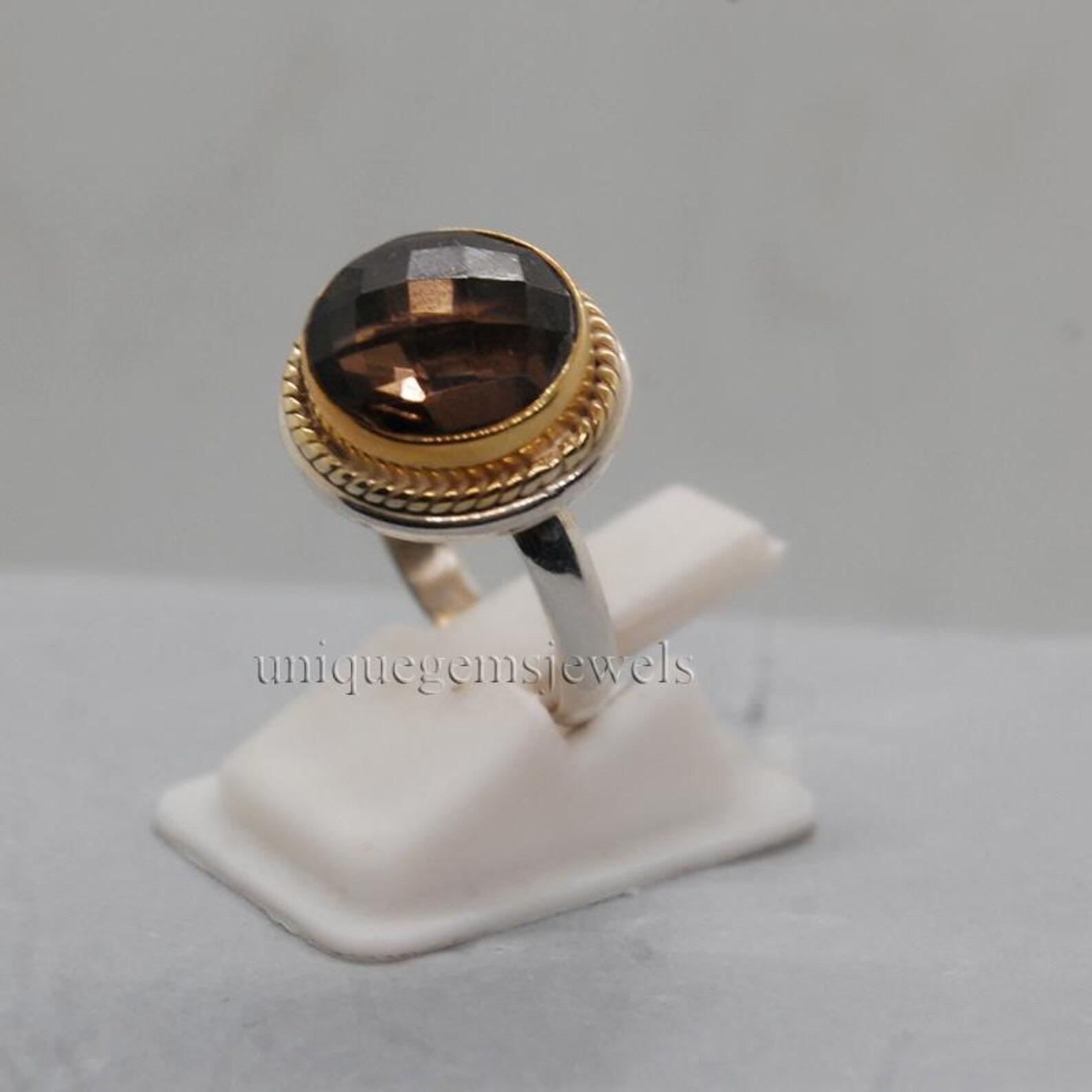 

Round Smoky Quartz Gemstone 925 Sterling Silver Yellow Gold Fill Two tone Ring Jewelry 10