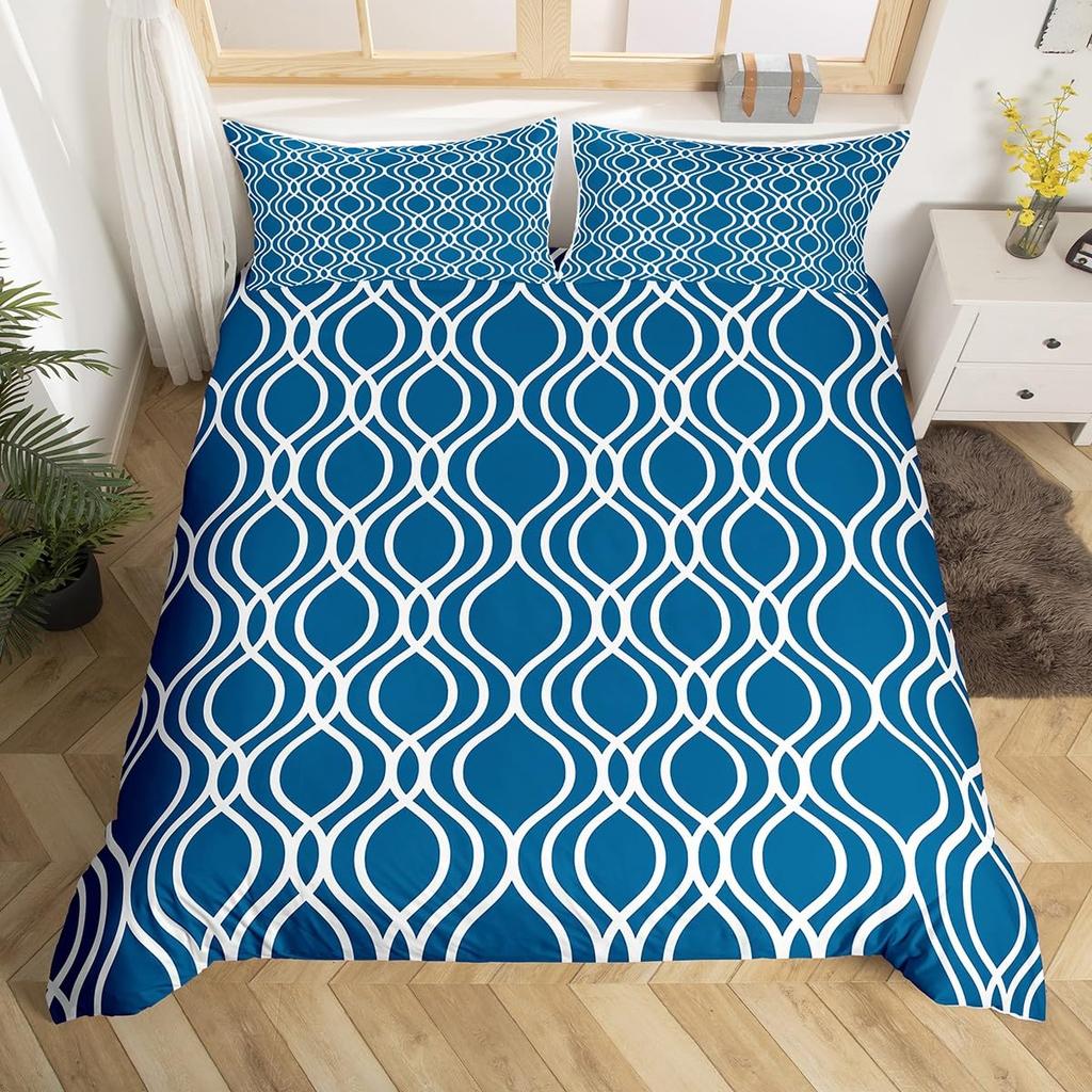 Geometric Modern Duvet Cover King Queen Black Gray Blue Comforter Cover with 2 Pillowcases Retro Stripes Geometry Bedding Set