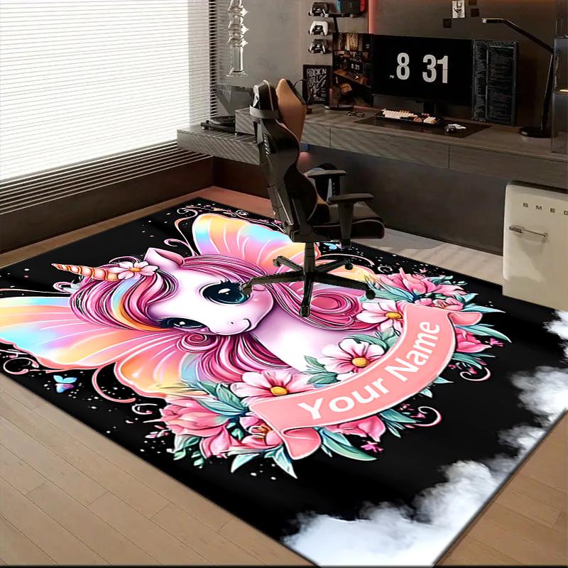 1PC Custom Name Fantasy Unicorn Art Theme Floor Mat Ideal for Living Room, Game Rooms, Office, Bedroom,Floor Mat Playful Design