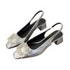 Premium Thick Heel Bag Head Sandals Rear Empty Shallow Mouth Women's Shoes Summer 2025 New Rhinestone Temperament French Single Shoes