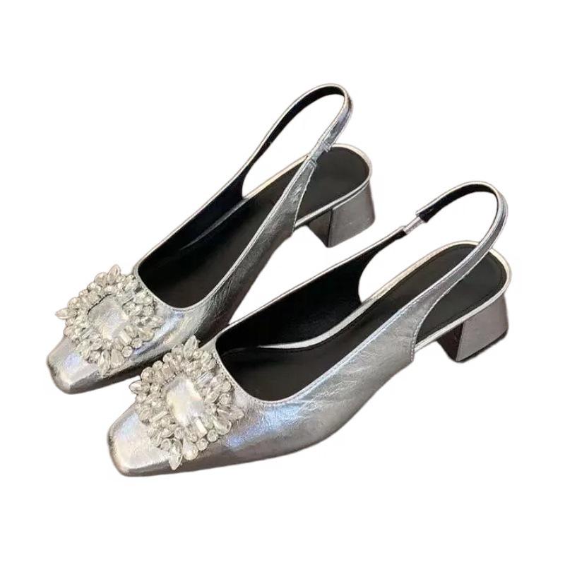 Premium Thick Heel Bag Head Sandals Rear Empty Shallow Mouth Women's Shoes Summer 2025 New Rhinestone Temperament French Single Shoes
