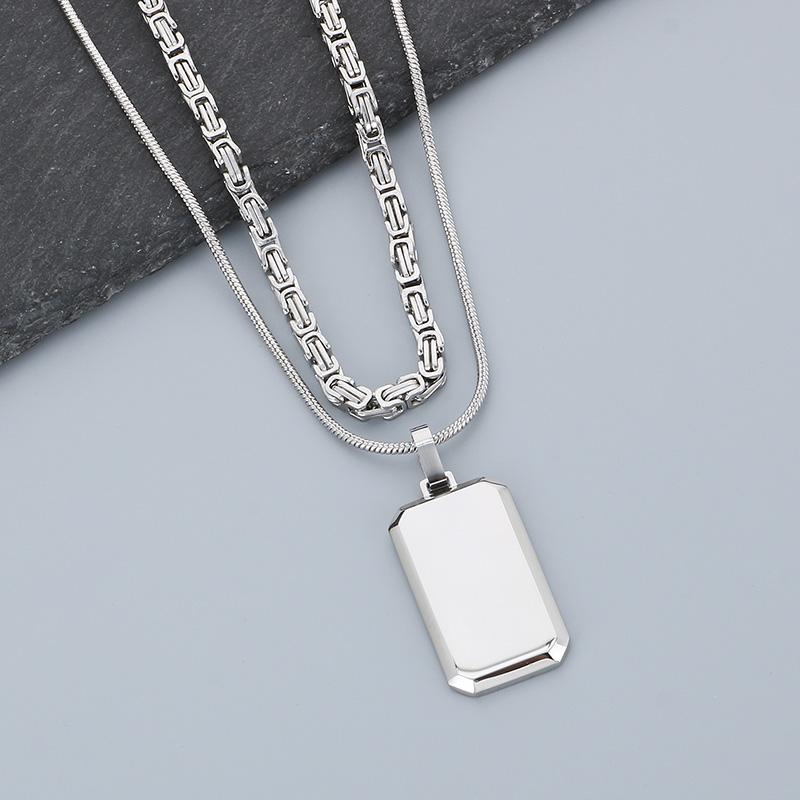 Creative Double Link Square Pendant Necklace Men s Women Hip Hop Shiny Stainless Steel Byzantine Chain Accessories Trend Gift