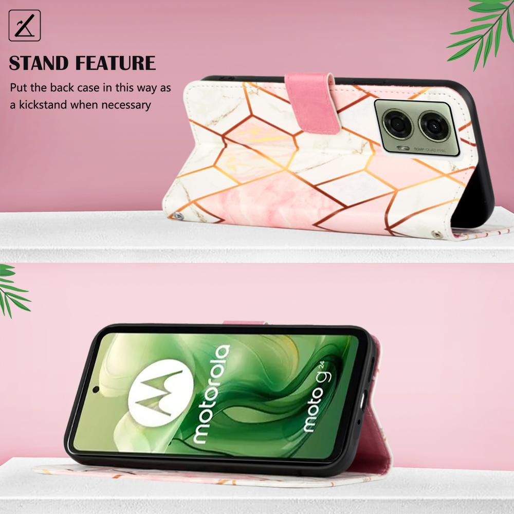 For Motorola Moto E14 4G/G04 4G/G04s 4G/G24 4G Leather Case with Shoulder Strap Marble Pattern Phone Stand Cover