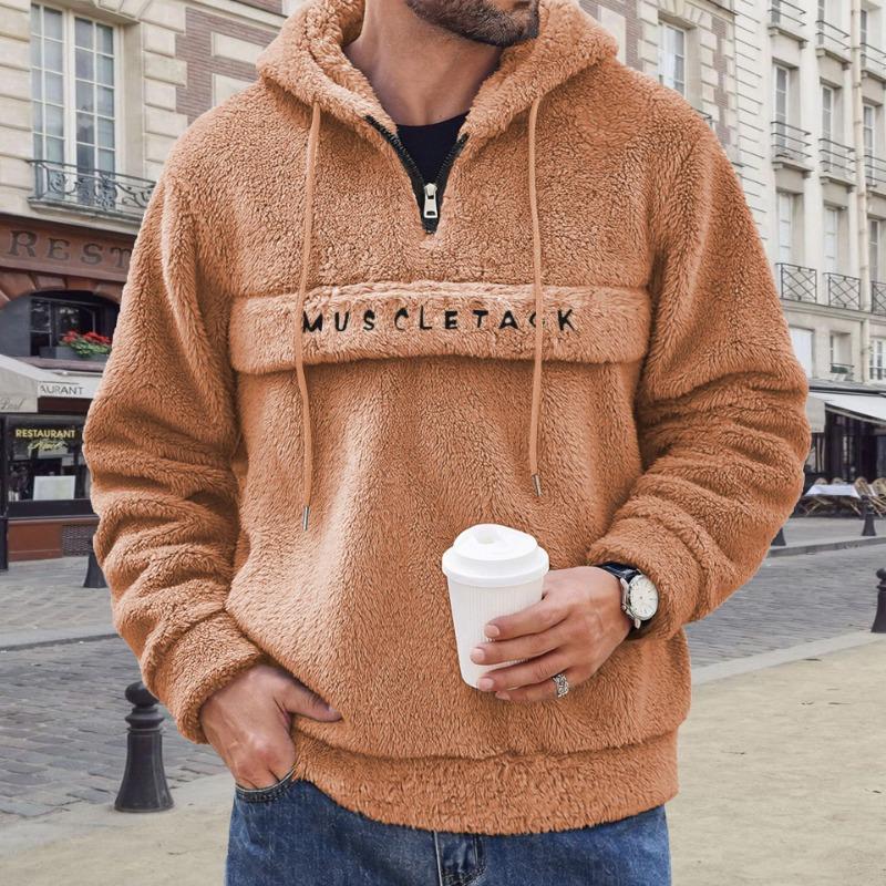 Men Fuzzy Sherpa Half Zip Drawstring Hooded Sweatshirt With Letter Print