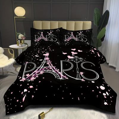 Waschbares Bettwäscheset aus Mikrofaser mit Eiffelturm-Aufdruck, weicher, bequemer Bettbezug für Schlafzimmer, 1 x Bettbezug + 2 x Kissenbezüge