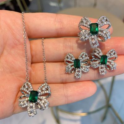 Green Tip Bow Bone Chain Necklace Women, Green Simple Earrings Ring Jewelry Set