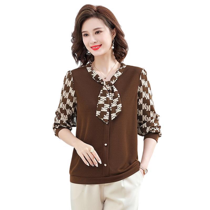 Stylish Printed Bow Tie Chiffon Top for Middle-Aged and Elderly Women – Loose Fit, Long-Sleeved, Plus Size