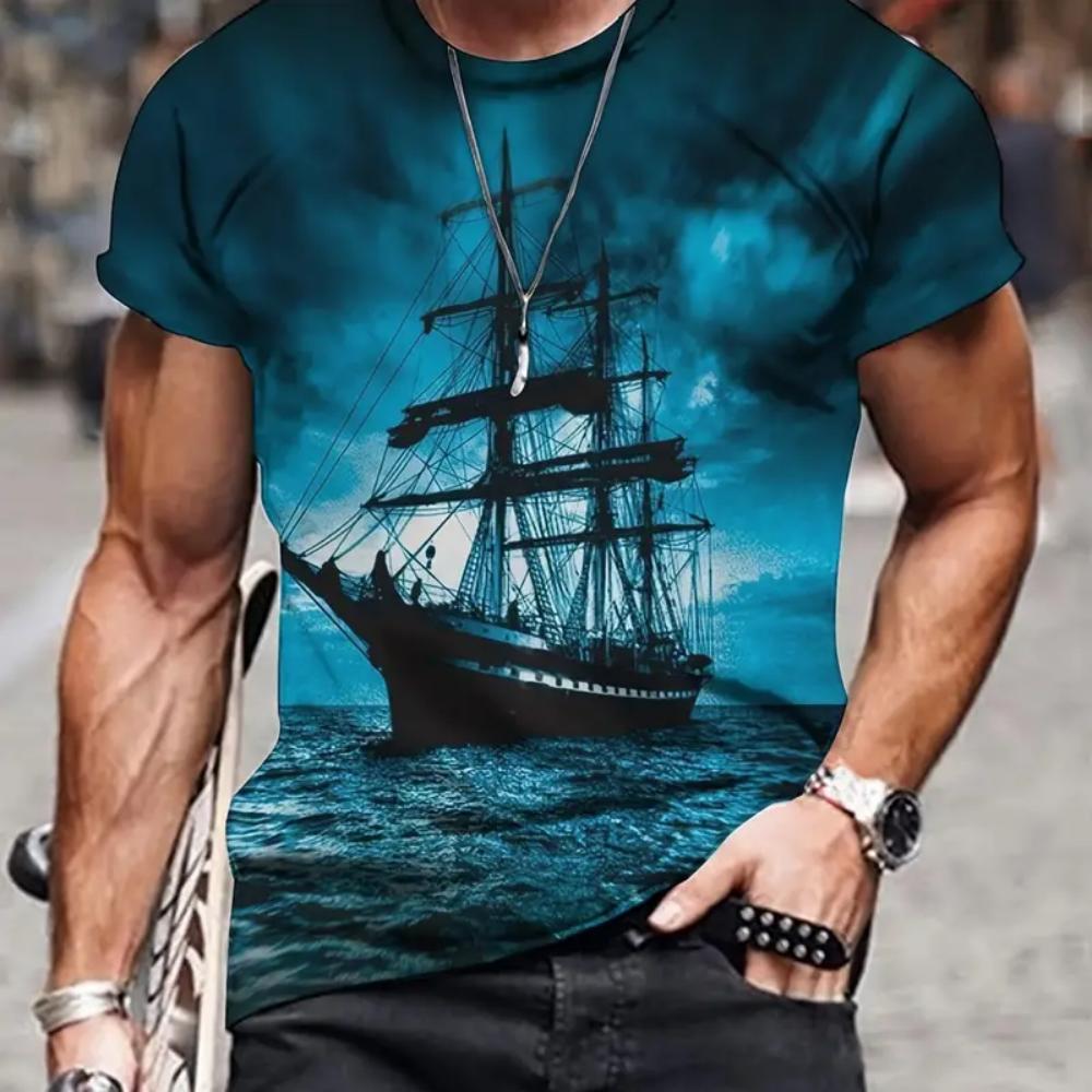 Vintage T-Shirts Men Spring Clothing Boat Graphic Apparel Streetwear Men's Clothing Casual Short Sleeve Tops For Male Shirt Tees