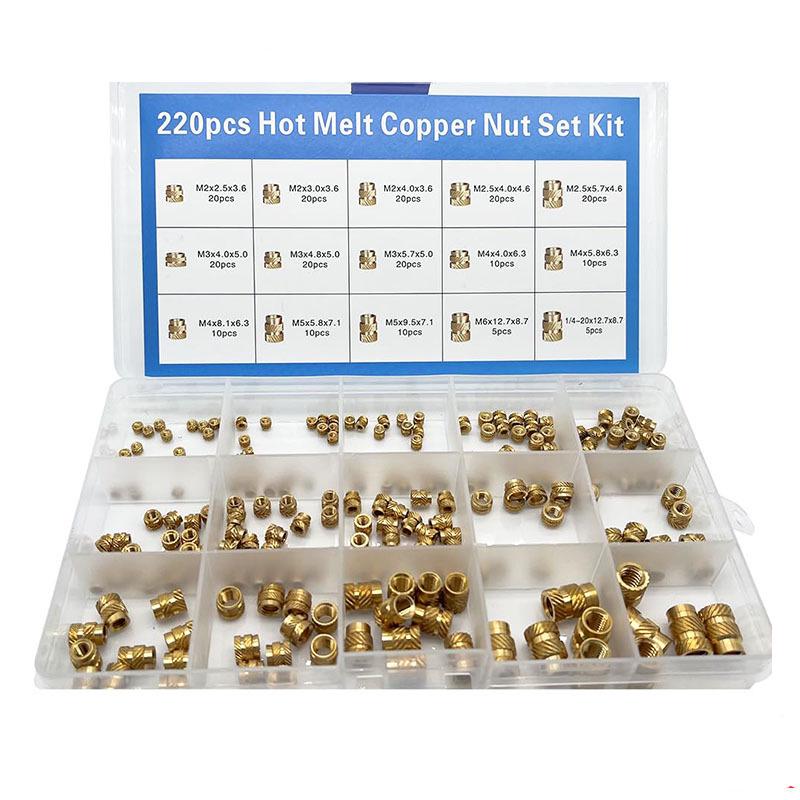 Boxed Hot Melt Copper Insert Nut Set, 220/300PCS, Double Herringbone Design